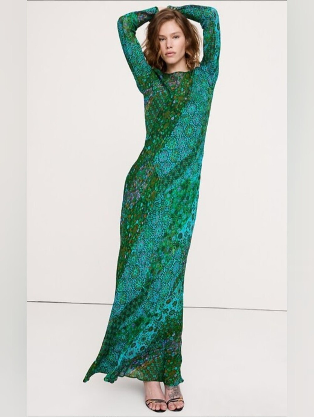 NWT Banana Republic Bias-Cut Green Geo Chiffon Maxi Dress Size XS